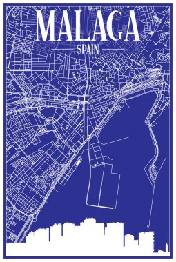 Technical drawing printout city poster with panoramic skyline and hand-drawn streets network on blue background of the downtown MALAGA, SPAIN