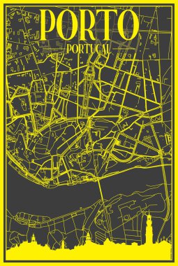 PORTO, PORTUGAL, PORTUGAL şehir merkezinin koyu gri arka planında panoramik silueti ve elle çizilmiş sokak ağıyla sarı baskı şehir posteri