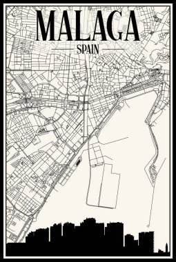 Light printout city poster with panoramic skyline and hand-drawn streets network on vintage beige background of the downtown MALAGA, SPAIN
