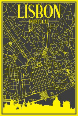 Sarı renkli şehir posteri, panoramik silueti ve LISBON, PORTUGAL şehir merkezinin koyu gri arka planında elle çizilmiş sokak ağı