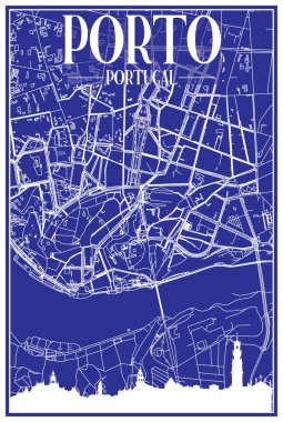 PORTO, PORTUGAL şehir merkezinin mavi arka planında panoramik silueti ve el çizimi sokak ağı olan şehir posterinin teknik çıktısını al