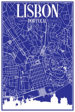 Technical drawing printout city poster with panoramic skyline and hand-drawn streets network on blue background of the downtown LISBON, PORTUGAL