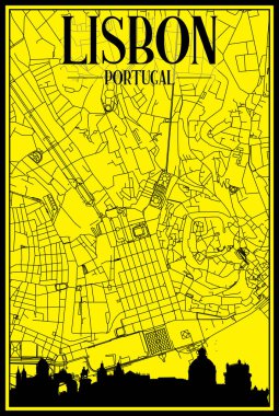 Şehir merkezindeki LISBON, PORTUGAL 'ın sarı ve siyah arka planında panoramik silueti ve elle çizilmiş sokak ağıyla altın baskılı şehir posteri