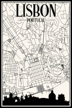 LISBON, PORTUGAL şehir merkezinin klasik bej arka planında panoramik silueti ve elle çizilmiş sokak ağıyla hafif yazdırılmış şehir posteri