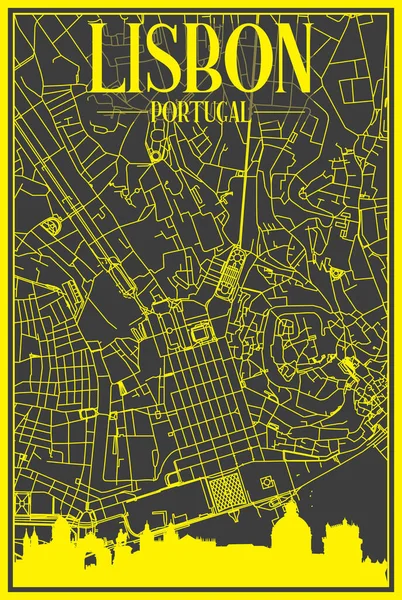Żółty Plakat Miejski Panoramiczną Panoramą Ręcznie Rysowanymi Uliczkami Ciemnoszarym Tle — Wektor stockowy