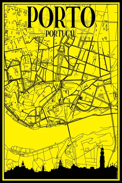 Golden Printout City Poster Panoramic Skyline Hand Drawn Streets Network —  Vetores de Stock