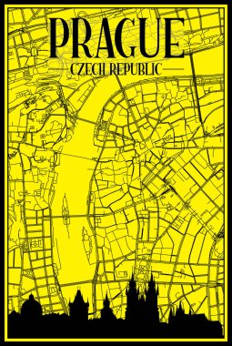 PRAGUE, CZECHIA şehir merkezinin sarı ve siyah arka planında panoramik silueti ve elle çizilmiş sokak ağıyla altın baskılı şehir posteri