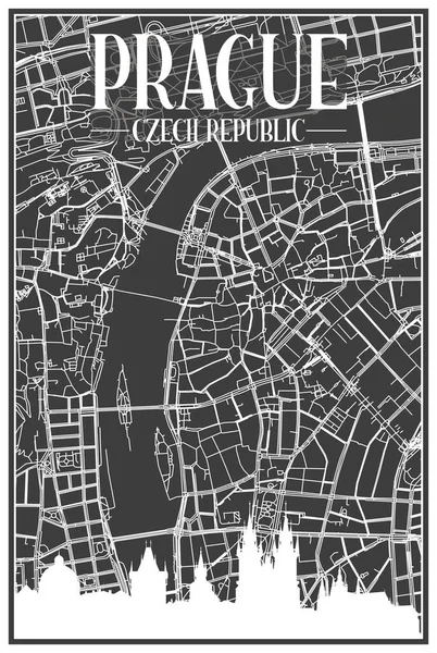 Tmavý Tištěný Městský Plakát Panoramatickým Panoramatickým Panoramatem Ručně Kreslenou Sítí — Stockový vektor