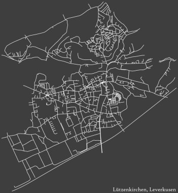 Alman bölgesel başkenti Leverkusen, Almanya 'nın LUETZENKIRCHEN DISTRICT' in şehir caddeleri haritası üzerinde ayrıntılı olumsuz navigasyon beyaz çizgileri koyu gri arka planda