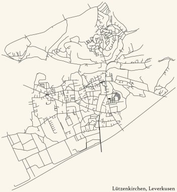 Alman bölgesel başkenti Leverkusen 'in LUETZENKIRCHEN DISTRICT şehir haritasının ayrıntılı seyrüsefer siyah hatları klasik bej arka planda Almanya