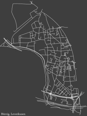 Almanya 'nın başkenti Leverkusen' in BRRIG DISTRICT 'inin koyu gri arkaplan üzerindeki şehir caddelerinin detaylı haritası