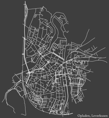 Alman bölgesel başkenti Leverkusen, Almanya 'nın OPLADEN DISTRICT' in şehir caddeleri haritası üzerinde koyu gri arka plan üzerinde ayrıntılı bir olumsuz navigasyon