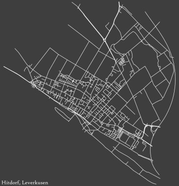 Alman bölgesel başkenti Leverkusen, Almanya 'nın HITDORF DISTRICT' nin şehir caddeleri haritası üzerinde koyu gri arka plan üzerinde ayrıntılı olumsuz navigasyon beyaz çizgileri