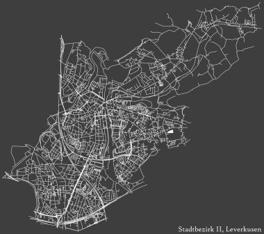Almanya 'nın başkenti Leverkusen' deki STADTBEZIRK II BOROUGH 'un şehir caddeleri haritası koyu gri arka planda.