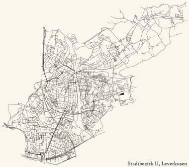 Detailed navigation black lines urban street roads map of the STADTBEZIRK II BOROUGH of the German regional capital city of Leverkusen, Germany on vintage beige background