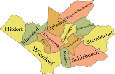 LEVERKUSEN 'in Pastel düz vektör idari haritası, bölgelerinin isim etiketleri ve siyah sınır çizgileri ile GERMANY