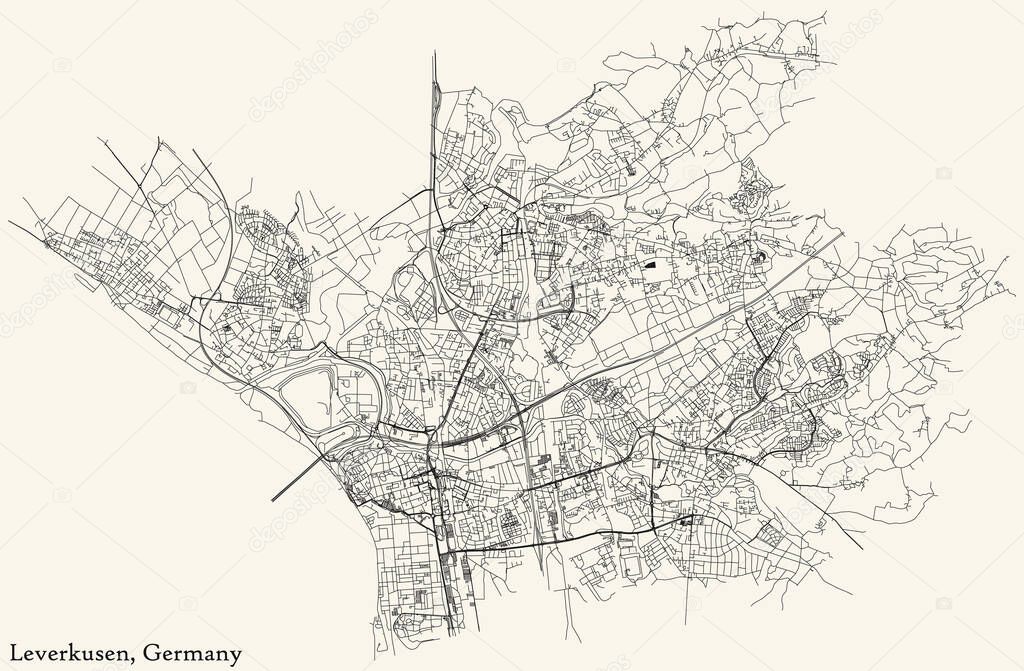 Detailed navigation black lines urban street roads map of the German regional capital city of LEVERKUSEN, GERMANY on vintage beige background