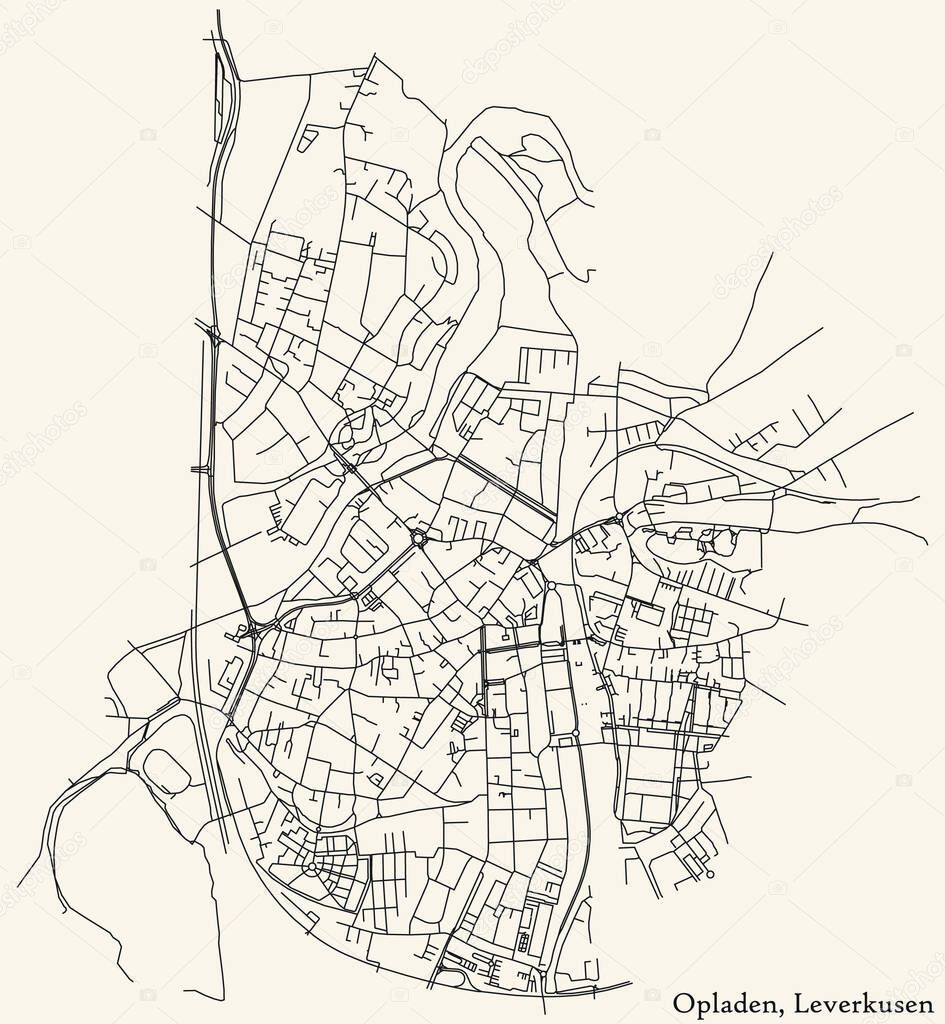 Detailed navigation black lines urban street roads map of the OPLADEN DISTRICT of the German regional capital city of Leverkusen, Germany on vintage beige background