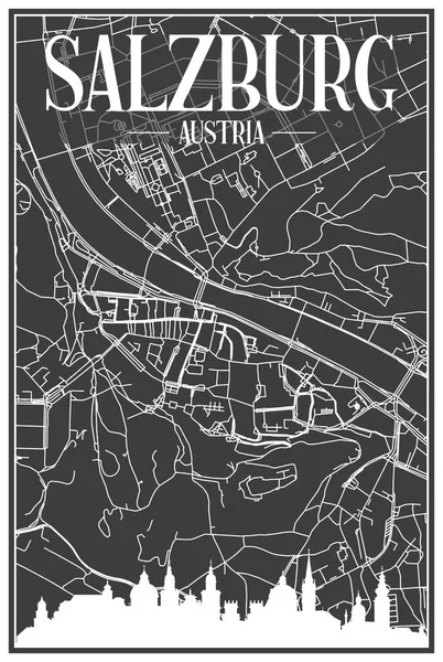 Dark Printout City Poster Panoramic Skyline Hand Drawn Streets Network — Stock Vector