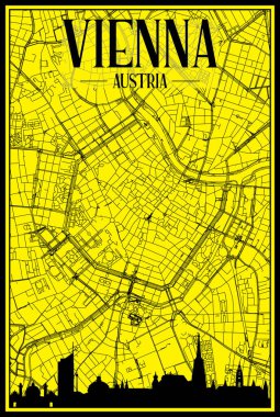 Sarı ve siyah arka planda panoramik silueti ve elde çizilmiş sokak ağıyla altın renkli şehir afişi, AUSTRIA