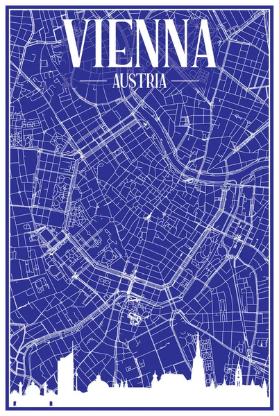Міський Плакат Технічного Креслення Панорамним Скайлайн Ручною Вуличною Мережею Синьому — стоковий вектор