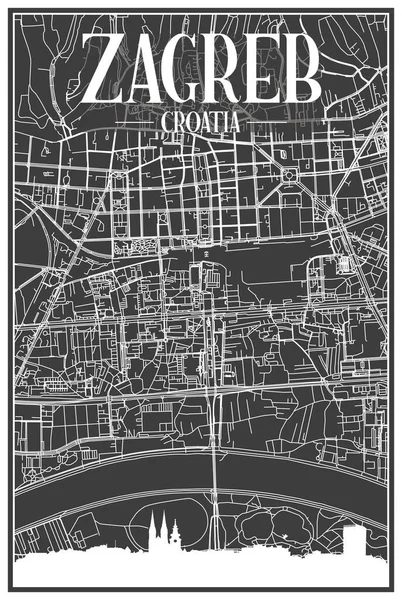 Donkere Print City Poster Met Panoramische Skyline Met Hand Getekende — Stockvector
