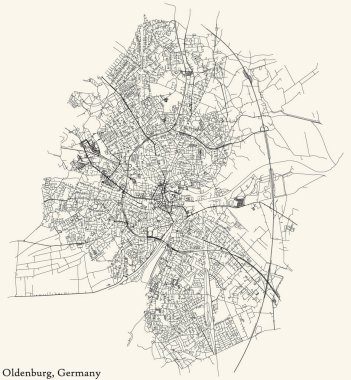 Detailed navigation black lines urban street roads map of the German regional capital city of OLDENBURG, GERMANY on vintage beige background