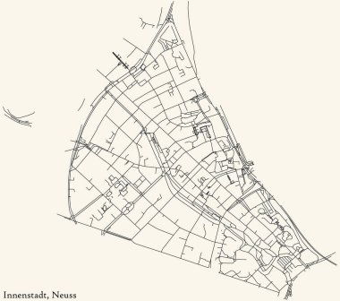 Alman bölgesel başkenti Neuss 'un INNENSTADT ZENTRUM DISTRICT şehir haritasının ayrıntılı navigasyon kara hatları klasik bej arka planda