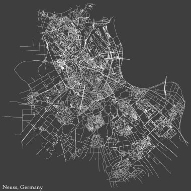 Alman bölgesel başkenti NEUSS, GERMANY 'nin koyu gri arkaplan üzerindeki şehir haritasının ayrıntılı negatif seyrüsefer beyaz çizgileri