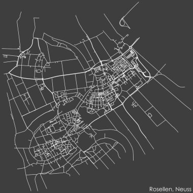 Alman bölgesel başkenti Neuss, Almanya 'nın ROSELLEN DISTRICT kentsel yol haritasının ayrıntılı olumsuz seyrüsefer beyaz çizgileri koyu gri arka planda