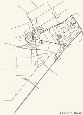 Alman bölgesel başkenti Neuss, Almanya 'nın GREFRATH DISTRICT şehir haritasının klasik bej arka planında ayrıntılı navigasyon siyah hatları