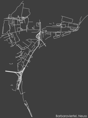 Almanya 'nın başkenti Neuss' un BARBARAVIERTEL BARBARAVIERTEL DISTRICT 'inin koyu gri arka plan haritası üzerinde ayrıntılı olumsuz navigasyon beyaz çizgileri
