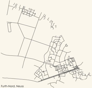 Alman bölgesel başkenti Neuss 'un FURTH-NORD DISTRICT kentsel yol haritasının ayrıntılı navigasyon siyah hatları klasik bej arka plan üzerinde Almanya' nın Neuss kentinin
