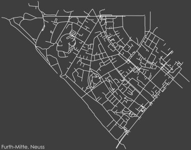Alman bölgesel başkenti Neuss, Almanya 'nın FURTH-MITTE DISTRICT' nin şehir caddeleri haritasının ayrıntılı negatif seyrüsefer beyaz çizgileri koyu gri arka plan üzerine