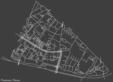 Detailed negative navigation white lines urban street roads map of the POMONA DISTRICT of the German regional capital city of Neuss, Germany on dark gray background