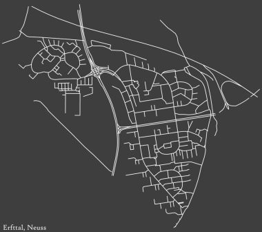 Alman bölgesel başkenti Neuss, Almanya 'nın ERFTTAL DISTRICT' nin şehir caddeleri haritası üzerinde koyu gri arka plan üzerine ayrıntılı olarak olumsuz navigasyon beyaz çizgileri