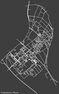 Almanya 'nın başkenti Neuss' un UEDESHEIM DISTRICT kentsel yol haritasının ayrıntılı olumsuz seyrüsefer beyaz çizgileri koyu gri arka planda