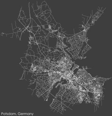 Alman bölgesel başkenti POTSDAM, Almanya 'nın koyu gri arkaplan üzerindeki kentsel yol haritasının ayrıntılı negatif navigasyon beyaz çizgileri