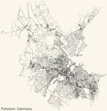 Detailed navigation black lines urban street roads map of the German regional capital city of POTSDAM, GERMANY on vintage beige background