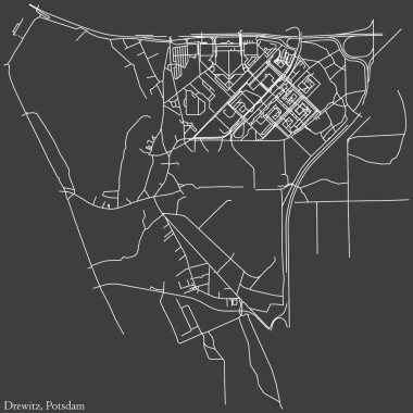 Detailed negative navigation white lines urban street roads map of the DREWITZ DISTRICT of the German regional capital city of Potsdam, Germany on dark gray background