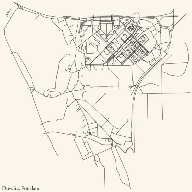 Detailed navigation black lines urban street roads map of the DREWITZ DISTRICT of the German regional capital city of Potsdam, Germany on vintage beige background