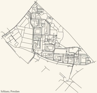 Detailed navigation black lines urban street roads map of the SCHLAATZ DISTRICT of the German regional capital city of Potsdam, Germany on vintage beige background