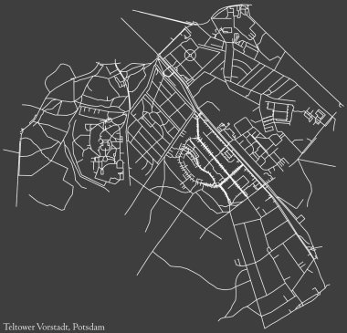 Detailed negative navigation white lines urban street roads map of the TELTOWER VORSTADT DISTRICT of the German regional capital city of Potsdam, Germany on dark gray background