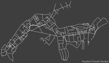 Detailed negative navigation white lines urban street roads map of the TEMPLINER VORSTADT DISTRICT of the German regional capital city of Potsdam, Germany on dark gray background