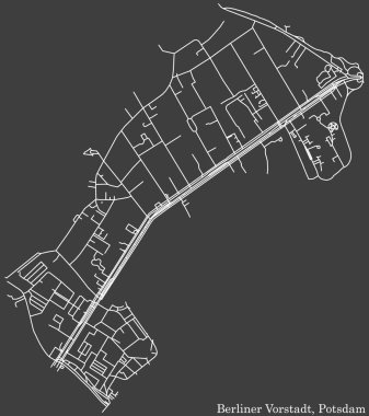 Detailed negative navigation white lines urban street roads map of the BERLINER VORSTADT DISTRICT of the German regional capital city of Potsdam, Germany on dark gray background