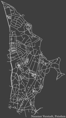 Detailed negative navigation white lines urban street roads map of the NAUENER VORSTADT DISTRICT of the German regional capital city of Potsdam, Germany on dark gray background