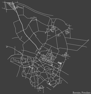 Detailed negative navigation white lines urban street roads map of the BORNIM DISTRICT of the German regional capital city of Potsdam, Germany on dark gray background