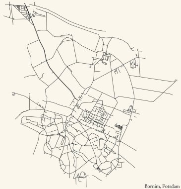 Detailed navigation black lines urban street roads map of the BORNIM DISTRICT of the German regional capital city of Potsdam, Germany on vintage beige background