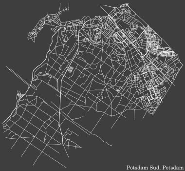 Detailed negative navigation white lines urban street roads map of the POTSDAM SD BOROUGH of the German regional capital city of Potsdam, Germany on dark gray background