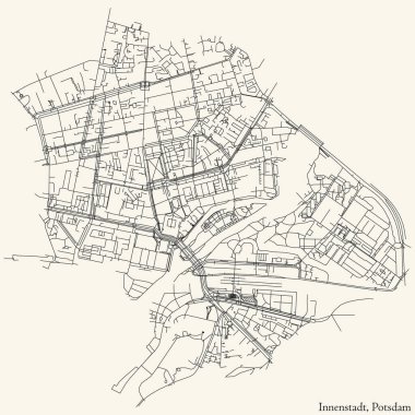 Detailed navigation black lines urban street roads map of the INNENSTADT BOROUGH of the German regional capital city of Potsdam, Germany on vintage beige background